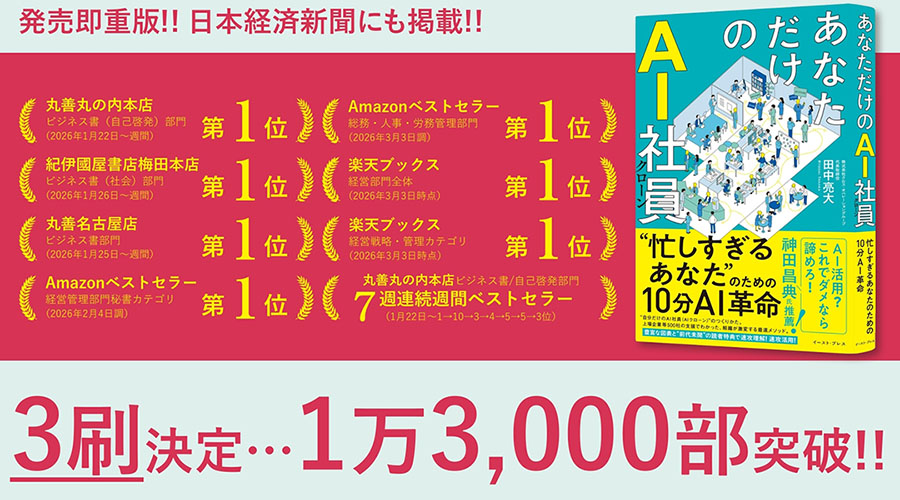 発売即重版!! 日本経済新聞にも掲載!! 『あなただけのAI社員 忙しすぎるあなたのための10分革命』著者・田中亮大 各書店・Amazonベストセラー第1位獲得、3刷決定・1万3,000部突破