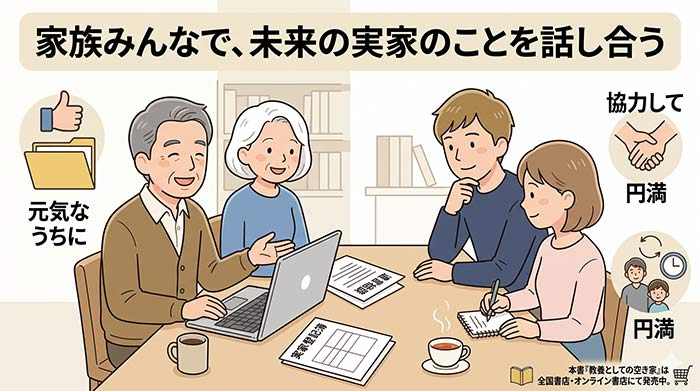 「家族みんなで、未来の実家のことを話し合う」という家族のイラスト