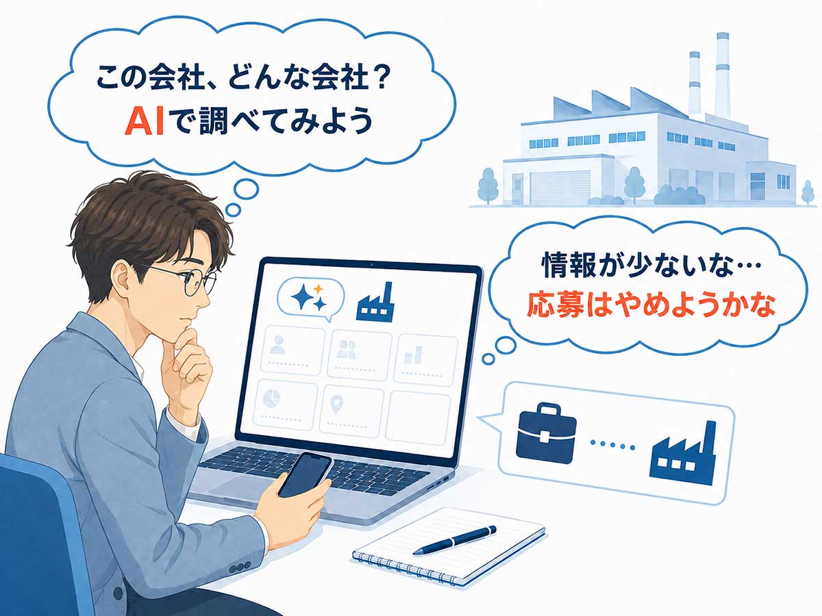 求職者がAIに聞いて、会社を調べさせているイメージ